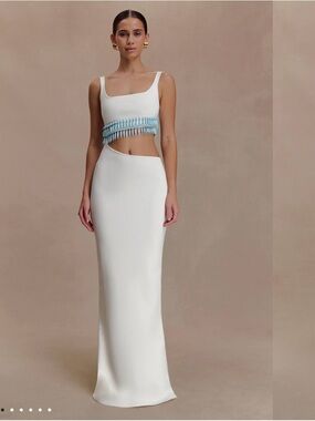 MESHKI RUVIK KNIT MAXI BEADED DRESS IN WHITE AND TURQUOISE